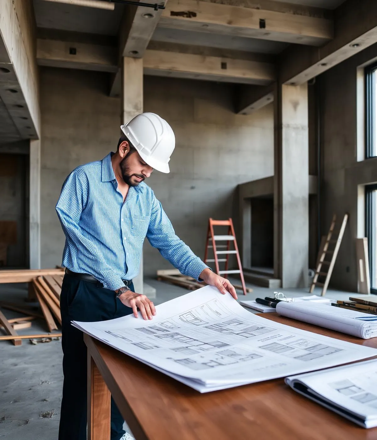 Engenheiro analisando projetos executivos no canteiro de obras